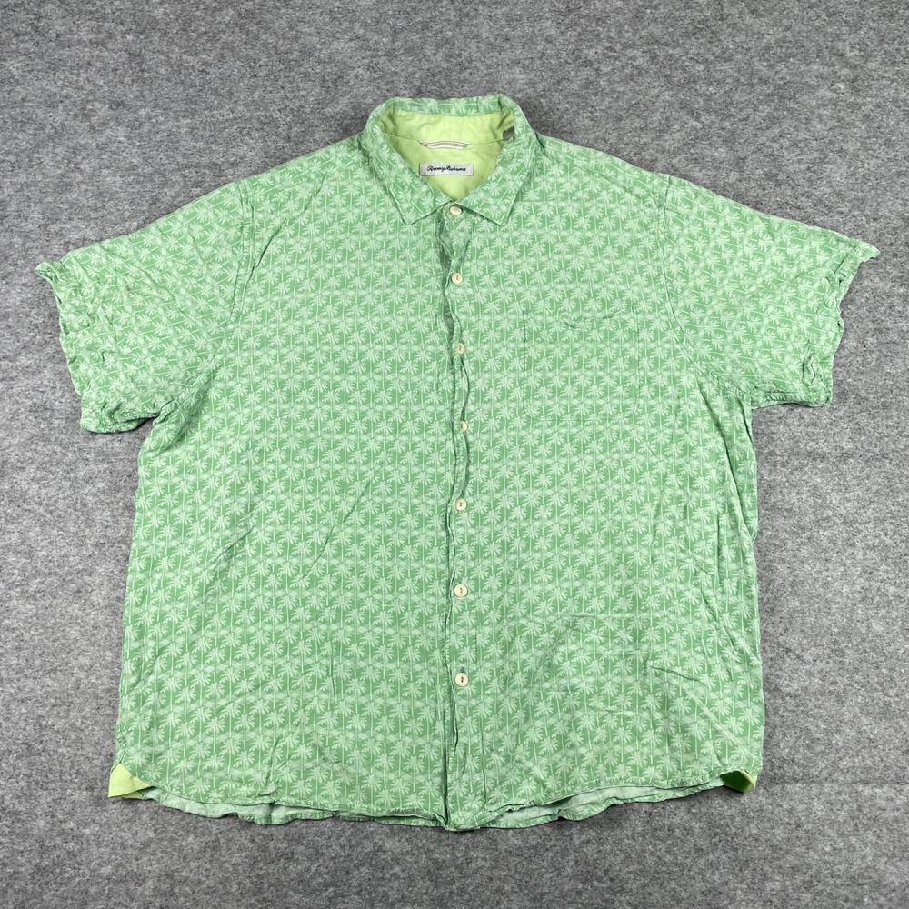 Tommy Bahama Button Down Shirt Mens XXL Green Rayon Palm Tree Tropical Print